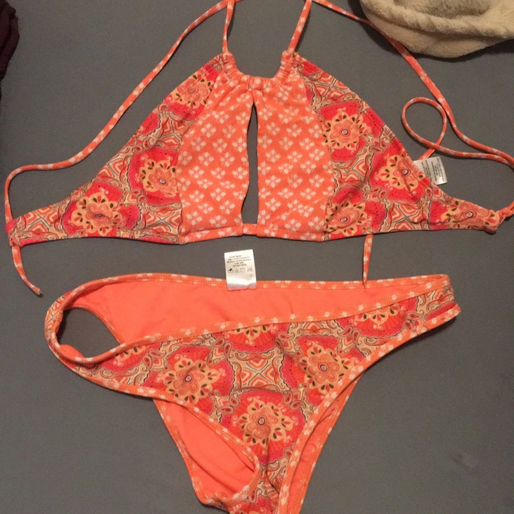 Orange two piece bandana print bathing suit